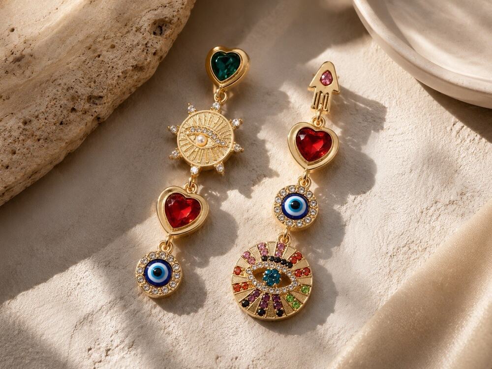 Evil’s Eye Hamsa Gold Museum Mismatch Earrings Devil Heart CZ Boho Hand Sun Art